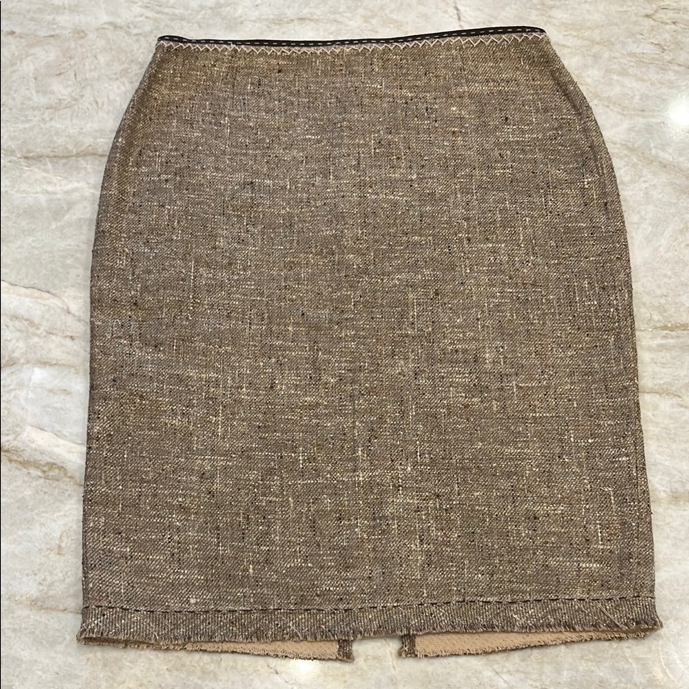 VINTAGE ELIE TAHARI | Raw Hem Pencil Skirt‎ | Silk Blend | Brown Tweed | Size 8